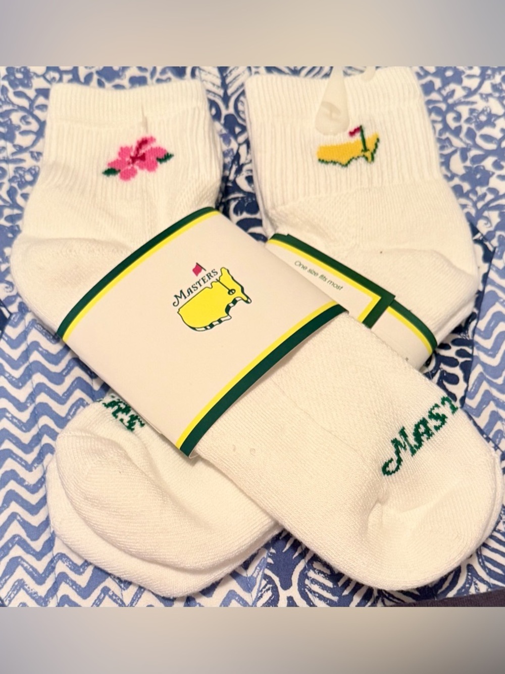 Masters White Crew Socks with Yellow logo & Pink azalea